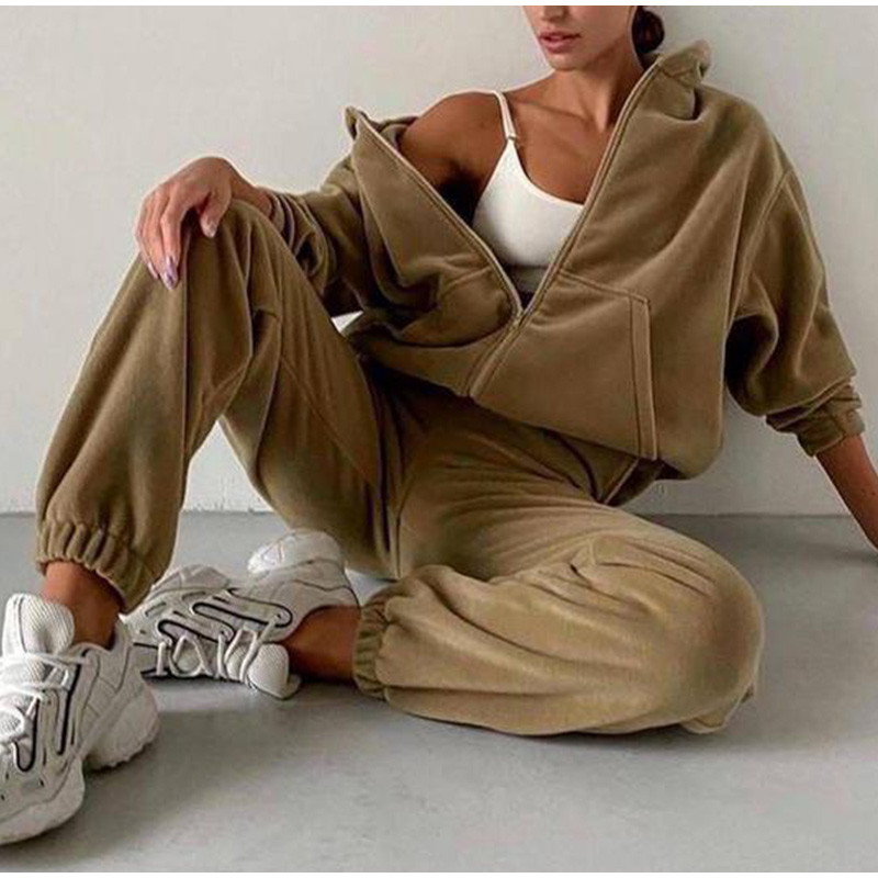 Ležerna ženska majica s kapuljačom od flisa, dvodijelni kompleti, gornja odjeća s patentnim zatvaračem s kapuljačom i odijelo s haremskim hlačama, jesen, zima, modna ulična trenirka