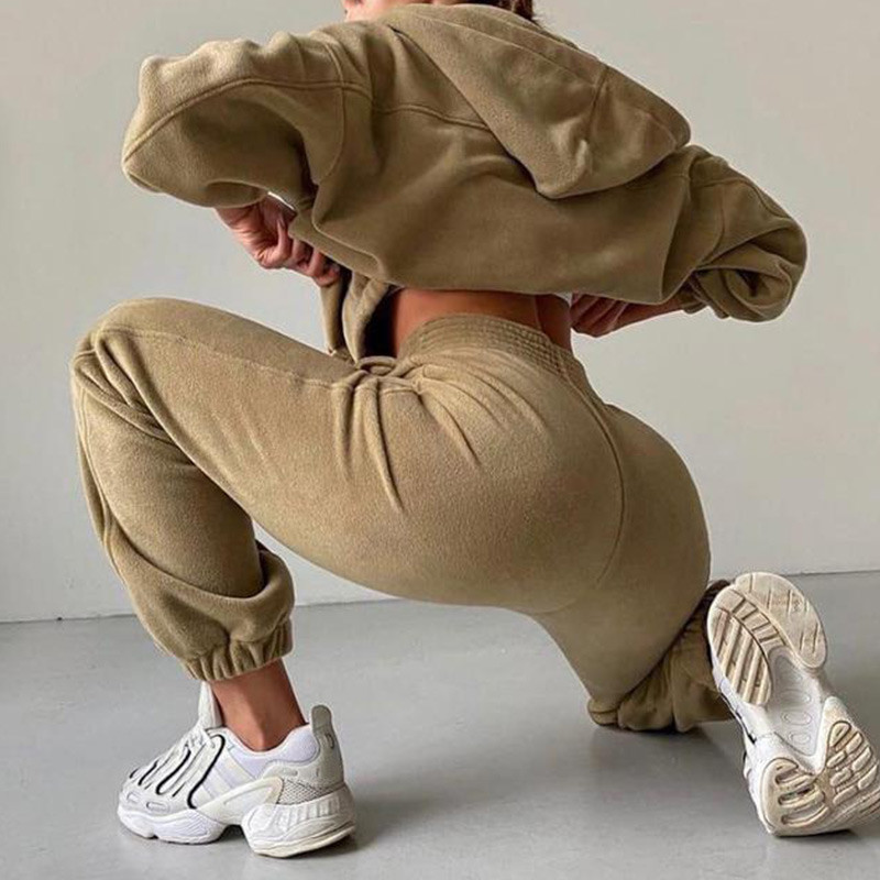 Ležerna ženska majica s kapuljačom od flisa, dvodijelni kompleti, gornja odjeća s patentnim zatvaračem s kapuljačom i odijelo s haremskim hlačama, jesen, zima, modna ulična trenirka