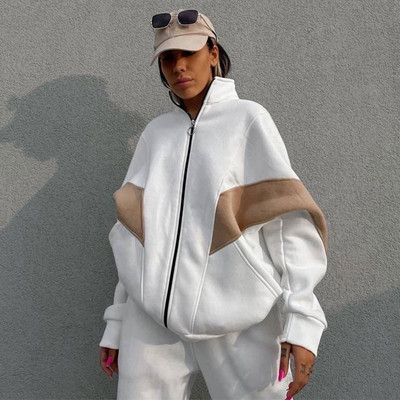 Ženska dvodijelna trenirka, kardigan s patentnim zatvaračem, dugi rukavi, odijelo s hlačama za slobodno vrijeme, jesen/zima, topla široka sportska odjeća