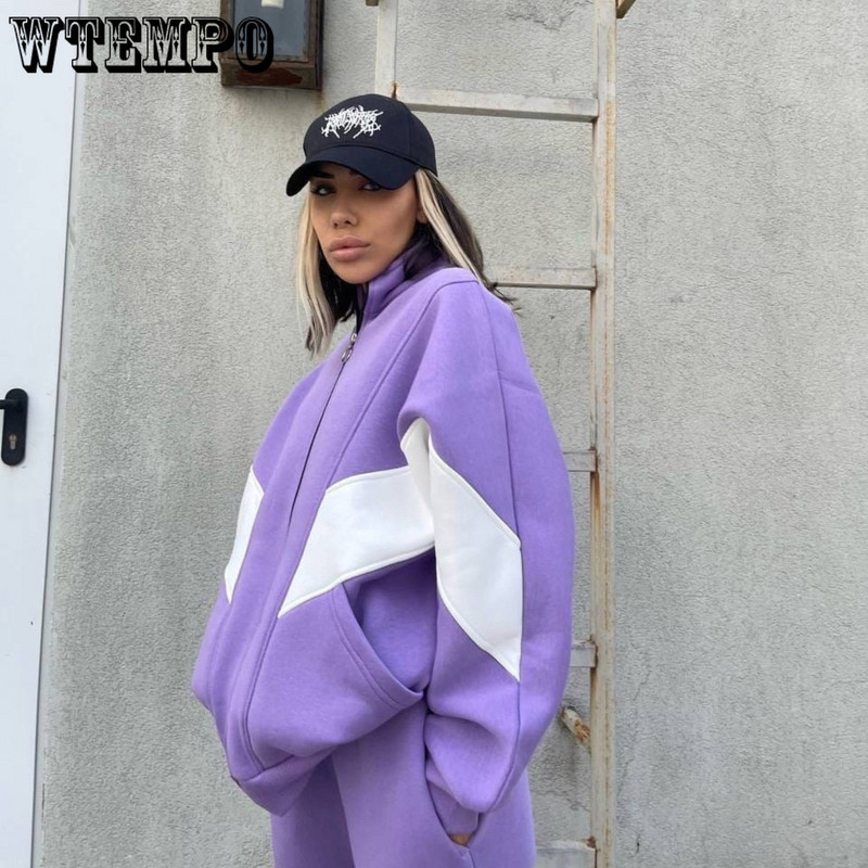 Ženska dvodijelna trenirka, kardigan s patentnim zatvaračem, dugi rukavi, odijelo s hlačama za slobodno vrijeme, jesen/zima, topla široka sportska odjeća