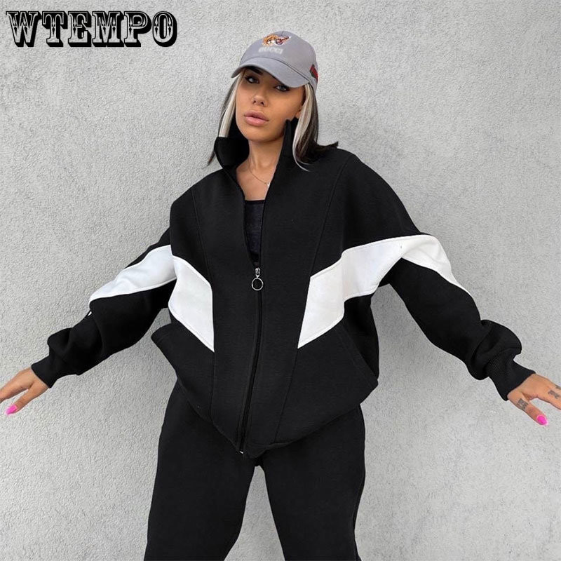 Ženska dvodijelna trenirka, kardigan s patentnim zatvaračem, dugi rukavi, odijelo s hlačama za slobodno vrijeme, jesen/zima, topla široka sportska odjeća