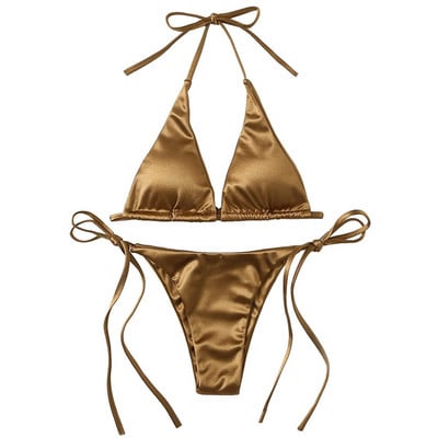 Costum de baie din două piese, sexy, metalic, pentru femei, bikini triunghi cu cravată laterală, costum de baie solid, îmbrăcăminte de plajă, set de bikini