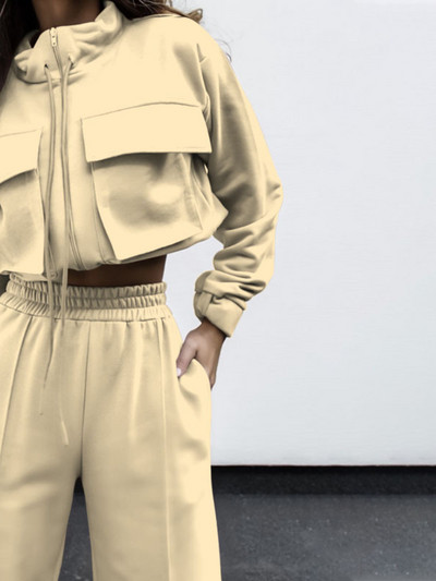 Set șic din două piese pentru femei Trening buzunare Jachete cu mânecă lungă + pantaloni cargo drepți Seturi Trening casual Ținute 2 piese