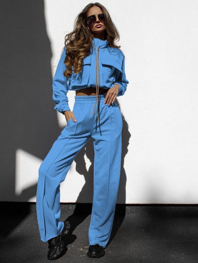 Set șic din două piese pentru femei Trening buzunare Jachete cu mânecă lungă + pantaloni cargo drepți Seturi Trening casual Ținute 2 piese