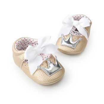 Бебешки обувки Момиче Princess Bling Crown Bowknot Toddler PU Гумена подметка Противохлъзгаща се First Walkers Обувки за бебешко креватче Мокасини