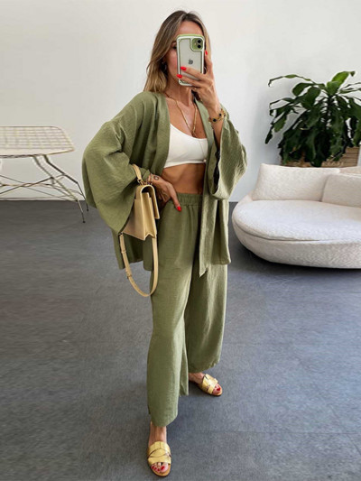 Dvodijelni komplet od pamučnog lana Ženski, proljeće ljeto 2023. Opušteni kardigan s gornjim hlačama dugih rukava Odijelo Ženski ležerni dvodijelni set