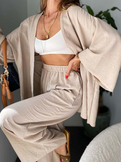 Dvodijelni komplet od pamučnog lana Ženski, proljeće ljeto 2023. Opušteni kardigan s gornjim hlačama dugih rukava Odijelo Ženski ležerni dvodijelni set