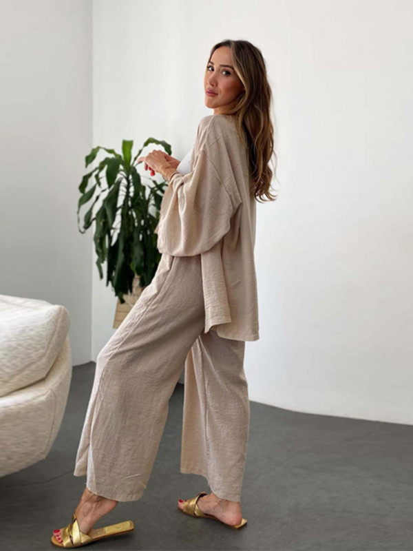 Dvodijelni komplet od pamučnog lana Ženski, proljeće ljeto 2023. Opušteni kardigan s gornjim hlačama dugih rukava Odijelo Ženski ležerni dvodijelni set