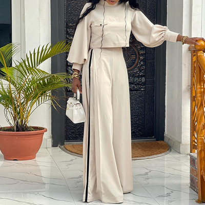 S-2XL Μεγάλο σετ δύο τεμαχίων Γυναικείο Σετ Καλοκαιρινό Φθινόπωρο Νέο μακρυμάνικο με λαιμόκοψη ακανόνιστο τοπ και μακρύ παντελόνι Κοστούμια παντελονιών