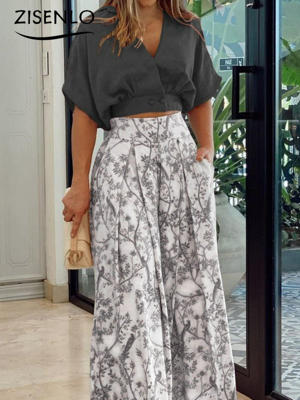 Nadrággarnitúrák Nyáron Új denevérujjú nyomtatott ing és széles szárú nadrág kétrészes női szett divatos női öltöny elegáns és elegáns szett