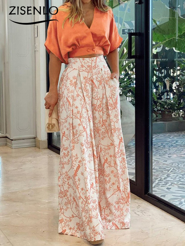 Nadrággarnitúrák Nyáron Új denevérujjú nyomtatott ing és széles szárú nadrág kétrészes női szett divatos női öltöny elegáns és elegáns szett
