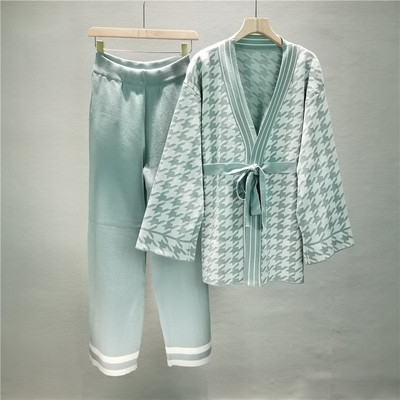 Dviejų dalių žiemos laisvalaikio kostiumai ilgomis rankovėmis megztas megztinis paltas + plačios kelnės moteriškos palaidos megztinių komplektai megztas sportinis kostiumas