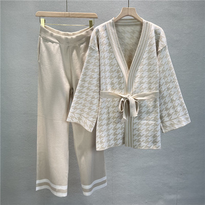 Dviejų dalių žiemos laisvalaikio kostiumai ilgomis rankovėmis megztas megztinis paltas + plačios kelnės moteriškos palaidos megztinių komplektai megztas sportinis kostiumas