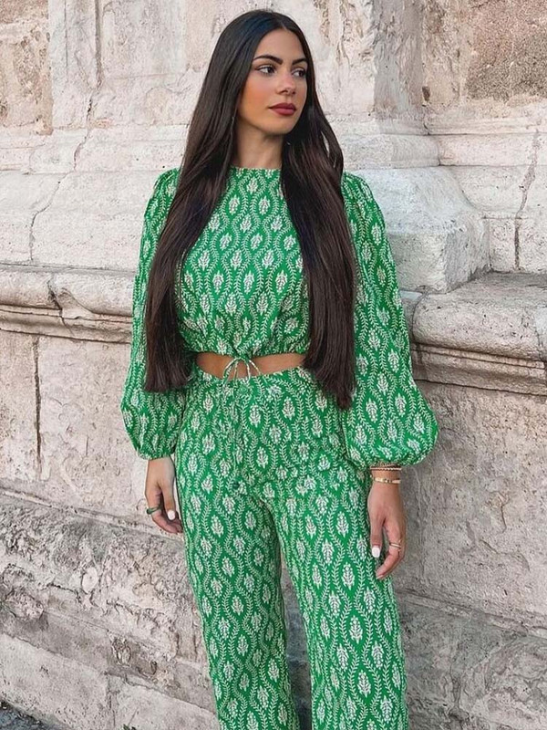 TRAF Femei 2 Piese Bluză Scurt + Pantaloni Seturi 2023 Nouă Modă Imprimeu Verde Costum Femei Casual Două Piese Tinute Femei