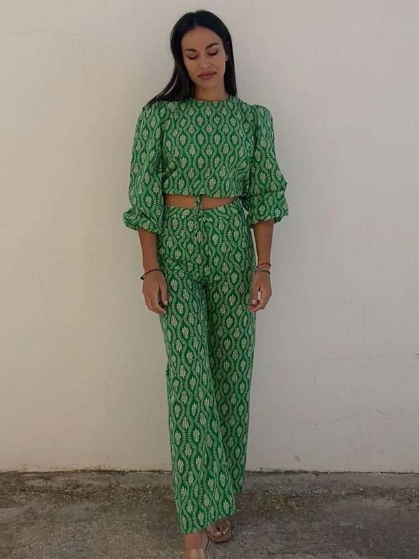 TRAF Femei 2 Piese Bluză Scurt + Pantaloni Seturi 2023 Nouă Modă Imprimeu Verde Costum Femei Casual Două Piese Tinute Femei