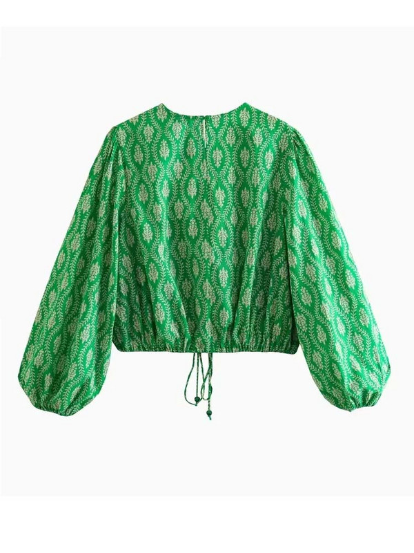 TRAF Femei 2 Piese Bluză Scurt + Pantaloni Seturi 2023 Nouă Modă Imprimeu Verde Costum Femei Casual Două Piese Tinute Femei