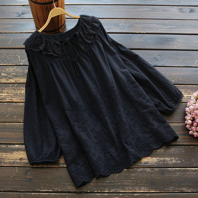 5847 Jarný dámsky top s literárnym vintage volánikom, golierom a sťahovacou šnúrkou, výšivkou, bavlneným pulóverom s dlhým rukávom, voľnou košeľou, blúzkou pre ženy