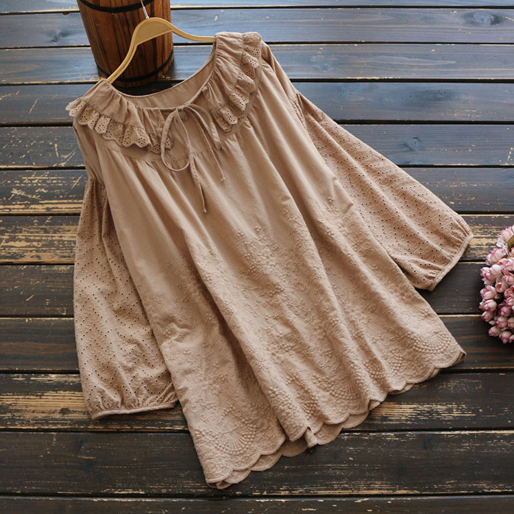 5847 Jarný dámsky top s literárnym vintage volánikom, golierom a sťahovacou šnúrkou, výšivkou, bavlneným pulóverom s dlhým rukávom, voľnou košeľou, blúzkou pre ženy