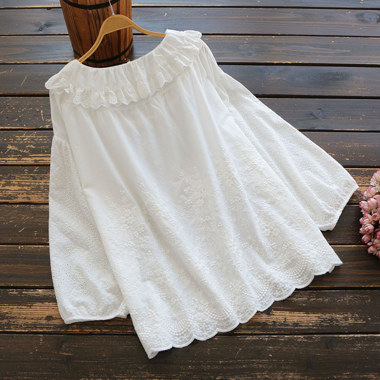 5847 Jarný dámsky top s literárnym vintage volánikom, golierom a sťahovacou šnúrkou, výšivkou, bavlneným pulóverom s dlhým rukávom, voľnou košeľou, blúzkou pre ženy