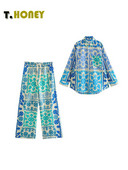 TELLHONEY Γυναικεία μόδα Μπλούζες με μονόστηθο ελαστική μέση με κορδόνι φαρδύ παντελόνι Γυναικείο σετ δύο τεμαχίων casual print