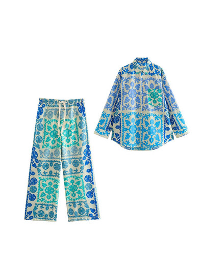 TELLHONEY Γυναικεία μόδα Μπλούζες με μονόστηθο ελαστική μέση με κορδόνι φαρδύ παντελόνι Γυναικείο σετ δύο τεμαχίων casual print