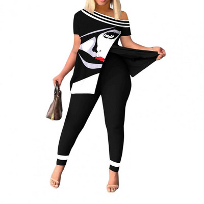 Ljetni ženski set majica i hlača s geometrijskim printom s podijeljenim porubom 2023 Femme kratkih rukava Ležerna odijela Ženska odjeća Y2k dvodijelni set