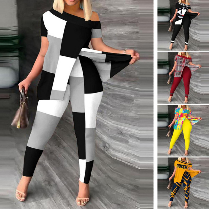 Ljetni ženski set majica i hlača s geometrijskim printom s podijeljenim porubom 2023 Femme kratkih rukava Ležerna odijela Ženska odjeća Y2k dvodijelni set