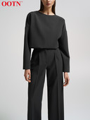 OOTN Black Office Lady kõrge vöökohaga pükste komplektid, sügisese vabaaja pükste ja kaelusega kaheosaline komplekt naiste 2023. aasta moodsad soliidsed ülikonnad