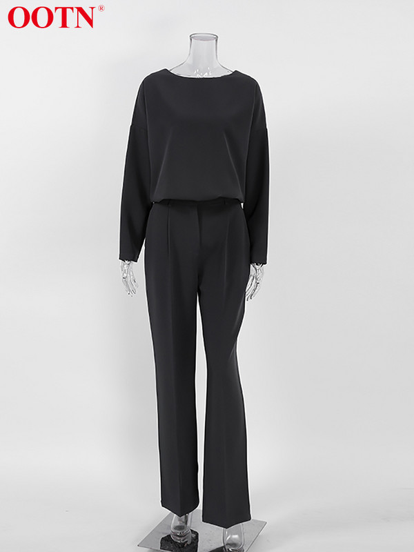 OOTN Black Office Lady kõrge vöökohaga pükste komplektid, sügisese vabaaja pükste ja kaelusega kaheosaline komplekt naiste 2023. aasta moodsad soliidsed ülikonnad