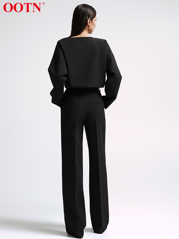 OOTN Black Office Lady kõrge vöökohaga pükste komplektid, sügisese vabaaja pükste ja kaelusega kaheosaline komplekt naiste 2023. aasta moodsad soliidsed ülikonnad