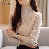 Bluse cu gât roscat Cămăși pentru femei Bluze cu buline Toamna 2021 cu mânecă lungă Topuri coreene Bluză din șifon Îmbrăcăminte pentru damă de birou 10790