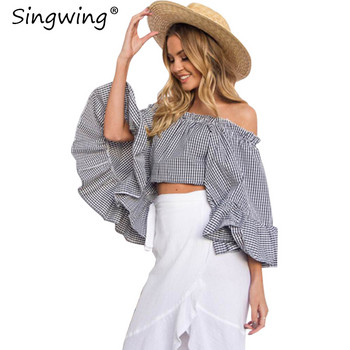 Singwing καρό Off the shoulder strapless Μπλούζα Flare μανίκι Slash Neck Γυναικείο πουκάμισο Summer High Street Lady Blouse Top