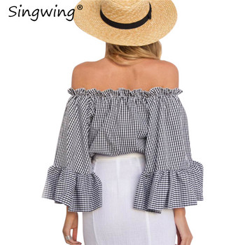 Singwing καρό Off the shoulder strapless Μπλούζα Flare μανίκι Slash Neck Γυναικείο πουκάμισο Summer High Street Lady Blouse Top