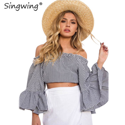 Singwing pleed õlgadeta ilma õlapaelteta pluus Flare varrukas kaldkaelusega naiste särk Suvine High Street Lady pluus Top