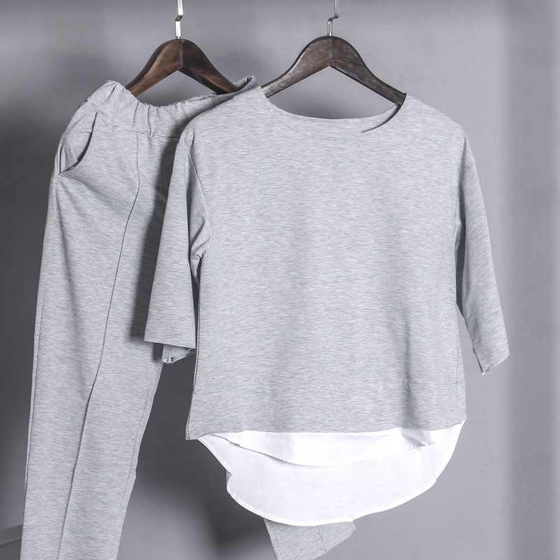 SWEETKAMA Jesen, ležerni lažni dvodijelni dvodijelni gornji dio hlača s O-izrezom, dvodijelni kompleti širokih pamučnih odijela s podijeljenim rukavima