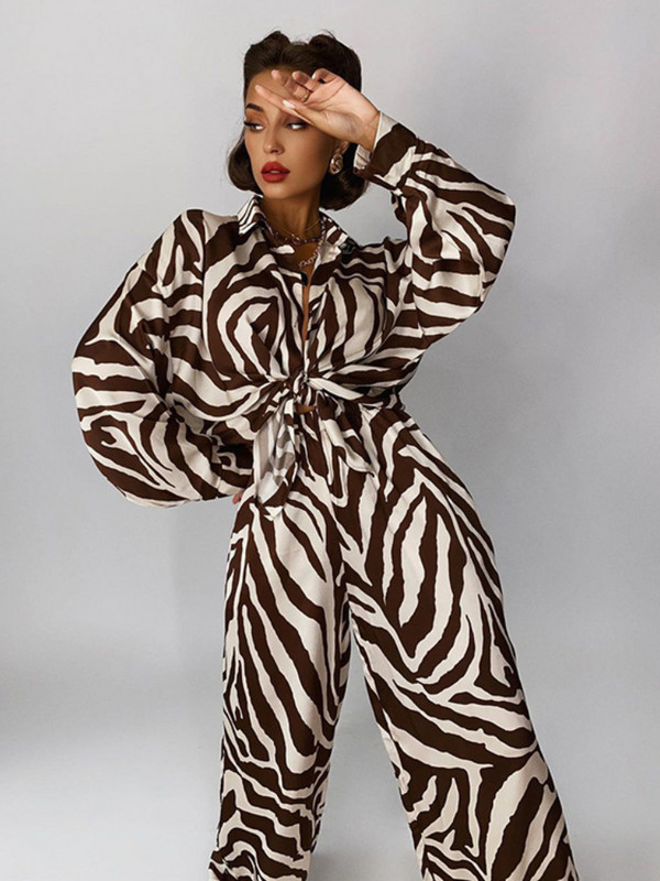 Bornladies 2023 Ženska odijela, modna zebrasta prugasta majica s reverima, majica dugih rukava i široke hlače, dvodijelni ležerni kompleti