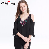 Boemska šifonska bluza s vezom Hladna košulja na ramena Ženska ljetna majica kratkih rukava s V-izrezom 2021. Ženska ženska odjeća