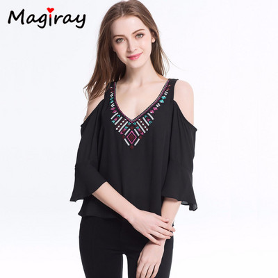 Boemska šifonska bluza s vezom Hladna košulja na ramena Ženska ljetna majica kratkih rukava s V-izrezom 2021. Ženska ženska odjeća