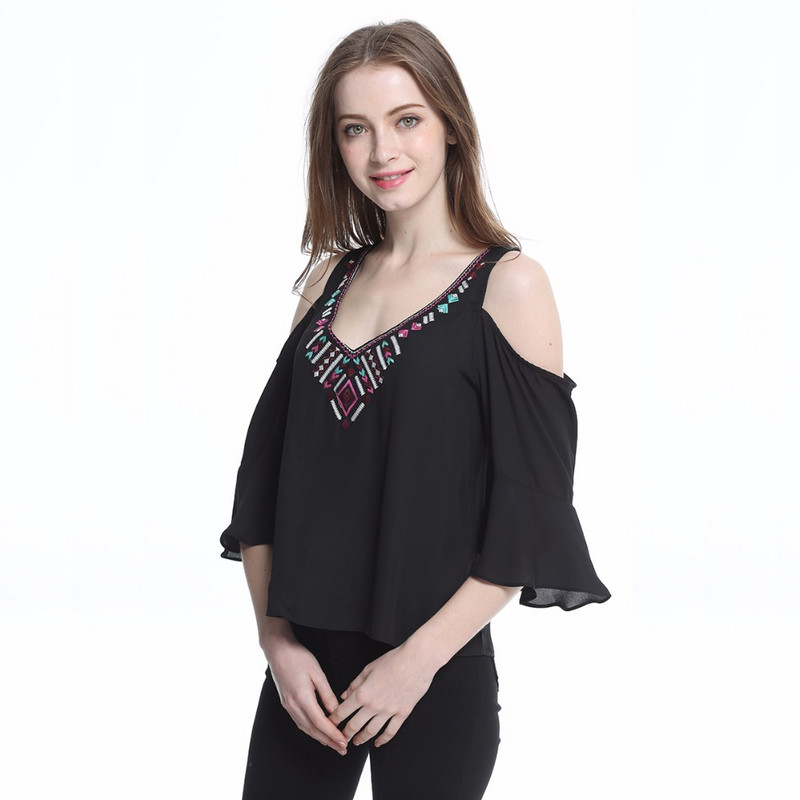 Boemska šifonska bluza s vezom Hladna košulja na ramena Ženska ljetna majica kratkih rukava s V-izrezom 2021. Ženska ženska odjeća