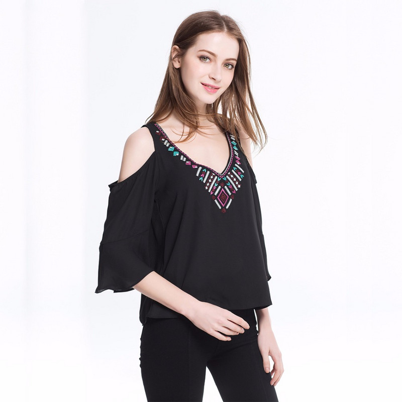 Boemska šifonska bluza s vezom Hladna košulja na ramena Ženska ljetna majica kratkih rukava s V-izrezom 2021. Ženska ženska odjeća