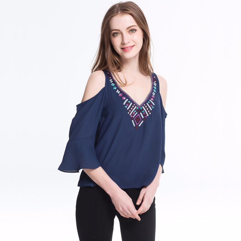 Boemska šifonska bluza s vezom Hladna košulja na ramena Ženska ljetna majica kratkih rukava s V-izrezom 2021. Ženska ženska odjeća