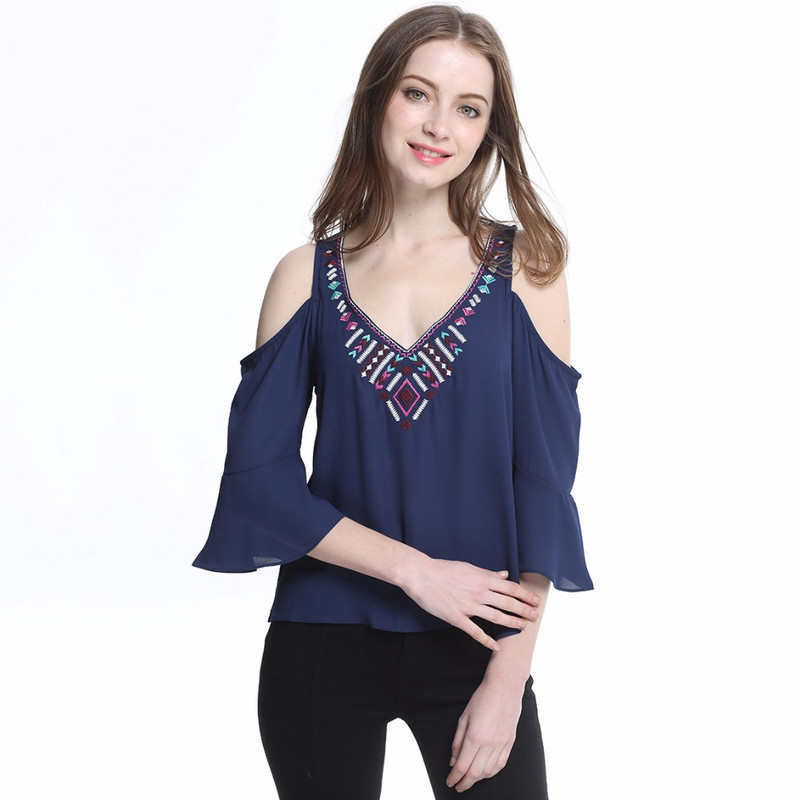 Boemska šifonska bluza s vezom Hladna košulja na ramena Ženska ljetna majica kratkih rukava s V-izrezom 2021. Ženska ženska odjeća