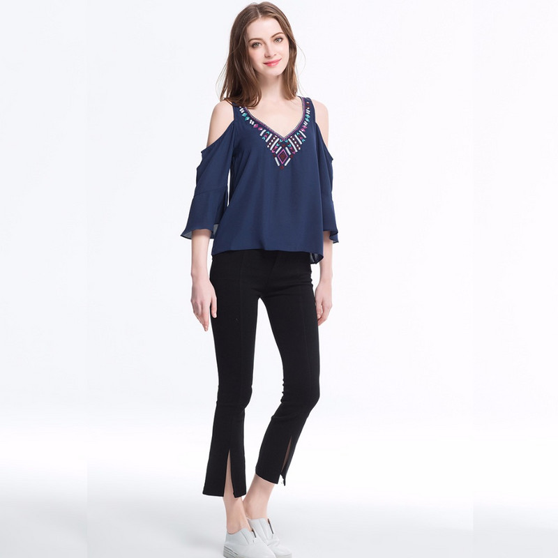 Boemska šifonska bluza s vezom Hladna košulja na ramena Ženska ljetna majica kratkih rukava s V-izrezom 2021. Ženska ženska odjeća