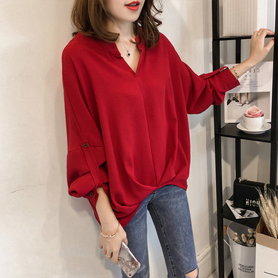 2019 Нови дамски блузи Свободна пуловерна риза Лято Пролет Ежедневни Blusas Едноцветни свободни женски ризи с дълъг ръкав V-образно деколте Ризи за свободното време