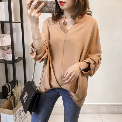 2019 Нови дамски блузи Свободна пуловерна риза Лято Пролет Ежедневни Blusas Едноцветни свободни женски ризи с дълъг ръкав V-образно деколте Ризи за свободното време