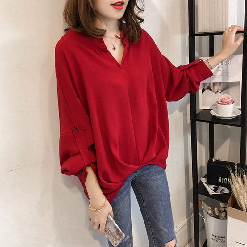 2019 Нови дамски блузи Свободна пуловерна риза Лято Пролет Ежедневни Blusas Едноцветни свободни женски ризи с дълъг ръкав V-образно деколте Ризи за свободното време