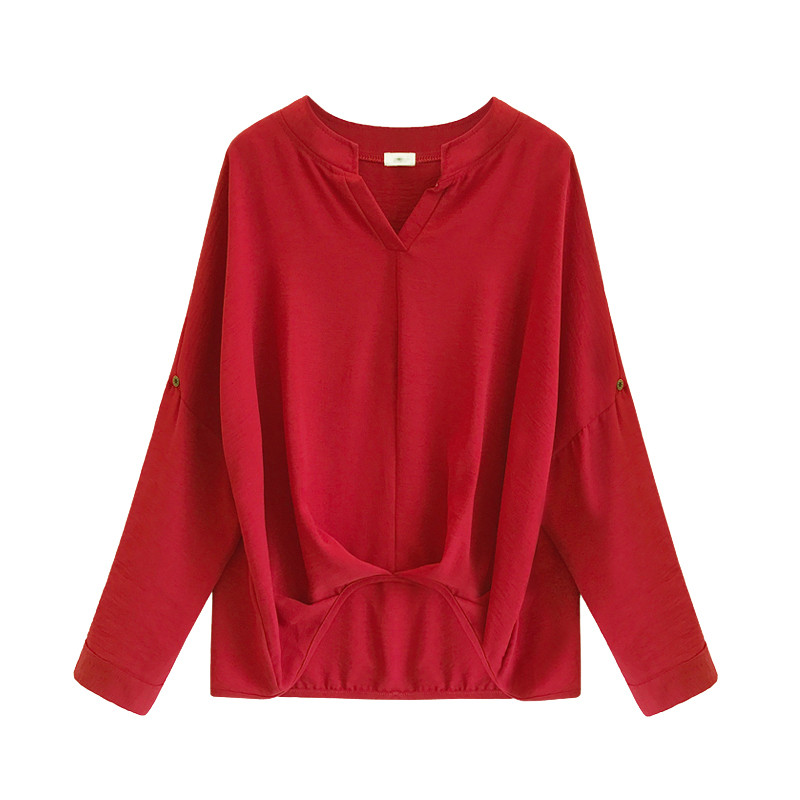 2019 Нови дамски блузи Свободна пуловерна риза Лято Пролет Ежедневни Blusas Едноцветни свободни женски ризи с дълъг ръкав V-образно деколте Ризи за свободното време