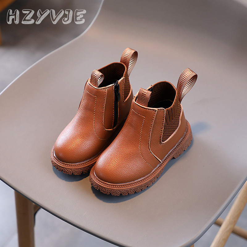 Jesenné a zimné módne detské čižmy, chlapčenské a dievčenské, protišmykové kožené topánky so zipsom, stredným rukávom, nízkym koreňom a okrúhlou špičkou