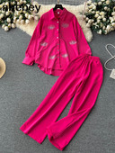 Beading Street naiste komplekt pikkade varrukatega särgi topid ja laia säärega püksid Elegantne dressiülikond, kaheosaline komplekt, dressipluus fitness-varustus