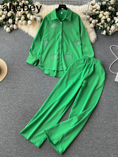 Beading Street naiste komplekt pikkade varrukatega särgi topid ja laia säärega püksid Elegantne dressiülikond, kaheosaline komplekt, dressipluus fitness-varustus